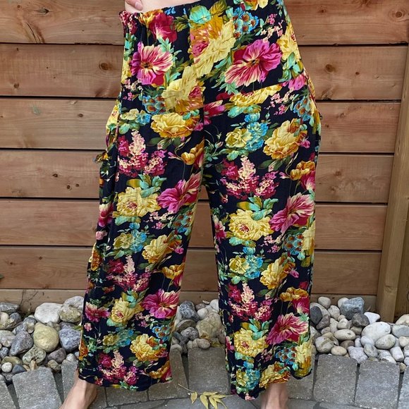 New York Handmade Flower Print Loose Boho Pant Trouser Flowy Retro Cotton Floral - Picture 3 of 7